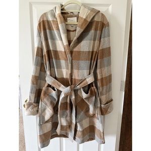 A New Day Women's Tan and Gray Plaid Hooded Long Sleeve Wrap Jacket Lg